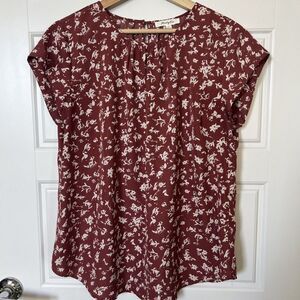 Monday Fun Floral Burgundy Red Short Sleeve Blouse Size XL